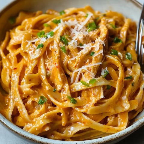 A close-up of creamy fettuccine pasta topped with shredded chicken, green onions, and grated parmesan cheese in a bowl.