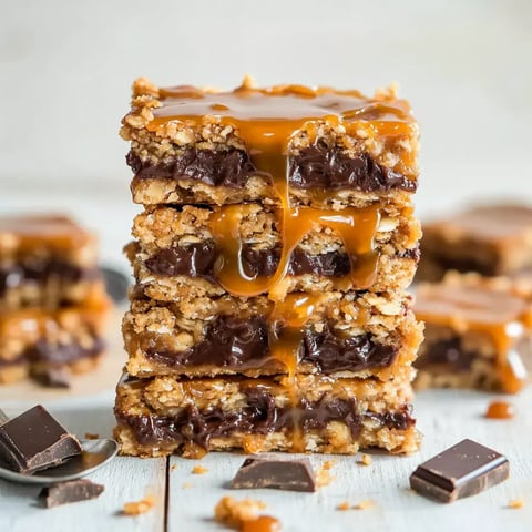 A stack of dessert bars filled with chocolate and drizzled with caramel, accompanied by pieces of chocolate on a wooden surface.