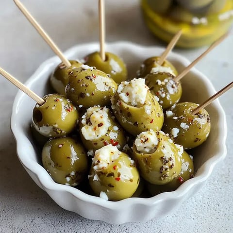 A white bowl filled with marinated green olives stuffed with feta cheese and sprinkled with herbs, served with toothpicks.