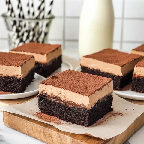 A close-up of sliced chocolate dessert squares with a creamy layer on top, dusted with cocoa powder, placed on a wooden board and white plates.