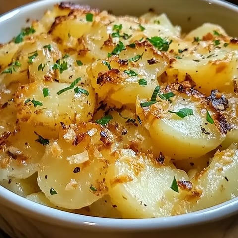 A close-up of a serving dish filled with creamy, golden-brown scalloped potatoes, garnished with finely chopped parsley.