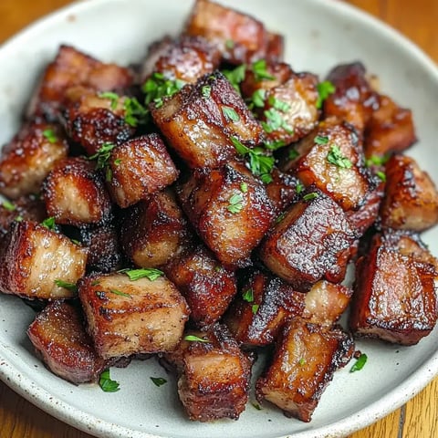 A plate of crispy, caramelized pork belly pieces garnished with fresh parsley.