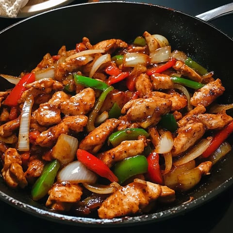 A skillet containing sautéed chicken pieces mixed with colorful bell peppers and onions in a glossy sauce.