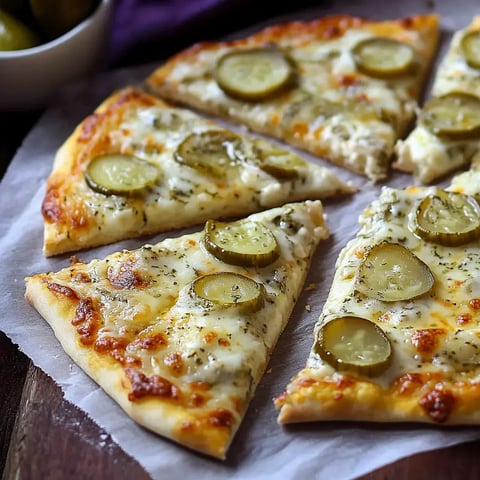 A plate of pizza slices topped with cheese, herbs, and sliced pickles.