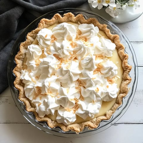 A delicious coconut cream pie topped with whipped cream and sprinkled with coconut flakes sits on a wooden surface next to a vase of flowers.