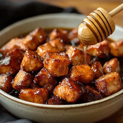 A close-up of a bowl filled with glazed, cubed meat drizzled with honey.