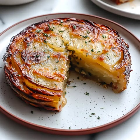 A golden-brown, round potato dish with a slice cut out, garnished with herbs, sitting on a speckled plate.