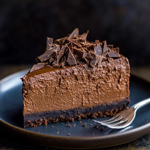 A slice of rich chocolate cake topped with chocolate shavings on a dark plate.