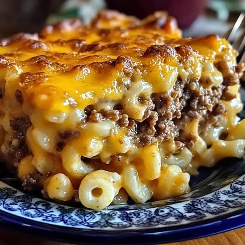 A close-up of a serving of cheesy macaroni and ground beef casserole on a decorative plate.