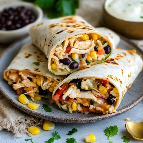 Two burritos filled with shredded chicken, rice, black beans, corn, and diced tomatoes are arranged on a plate, accompanied by a bowl of black beans and a dish of creamy sauce in the background.