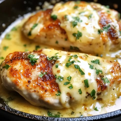 A close-up view of two cooked chicken breasts topped with melted cheese and garnished with chopped parsley in a skillet.