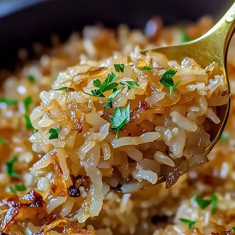 A close-up image of a golden spoonful of rice garnished with parsley, held over a bowl of fluffy rice.