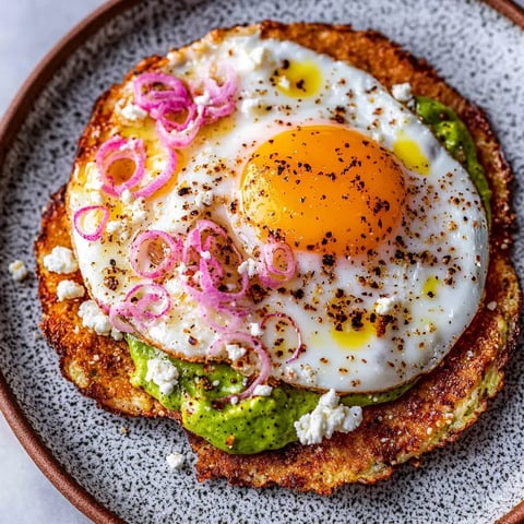 A golden fried egg topped with pink pickled onions is placed on a green avocado spread over a crispy base, garnished with crumbled cheese and a drizzle of olive oil.