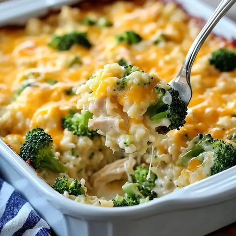 A serving of creamy chicken and broccoli casserole topped with melted cheese, held by a fork.