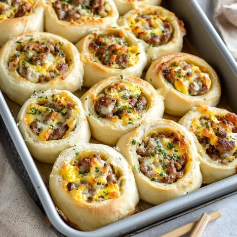 A baking pan filled with golden, cheesy sausage rolls topped with parsley.