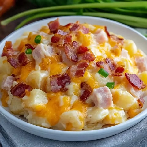 A bowl of creamy potato casserole topped with cheddar cheese, crispy bacon bits, and green onions.