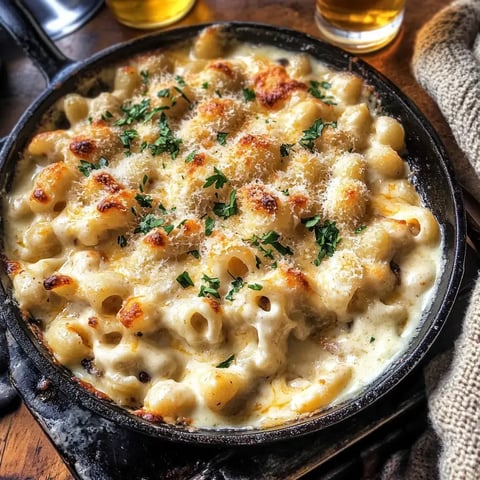 A delicious serving of baked mac and cheese topped with parsley and golden-brown cheese, served in a cast iron skillet.